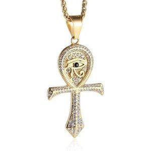 Gold CZ Eye of Horus Egypt Protection Pendant Coptic Ankh Cross Necklace